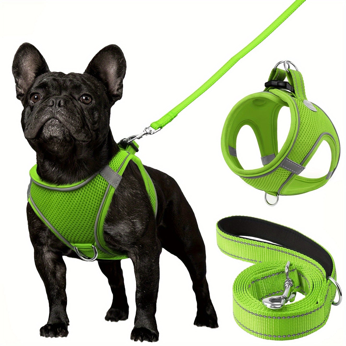 Joytale Reflective Dog Harness and Leash Set for small to medium breeds. Comfortable mesh vest with padded nylon lead, dual D-ring, poop bag dispenser.