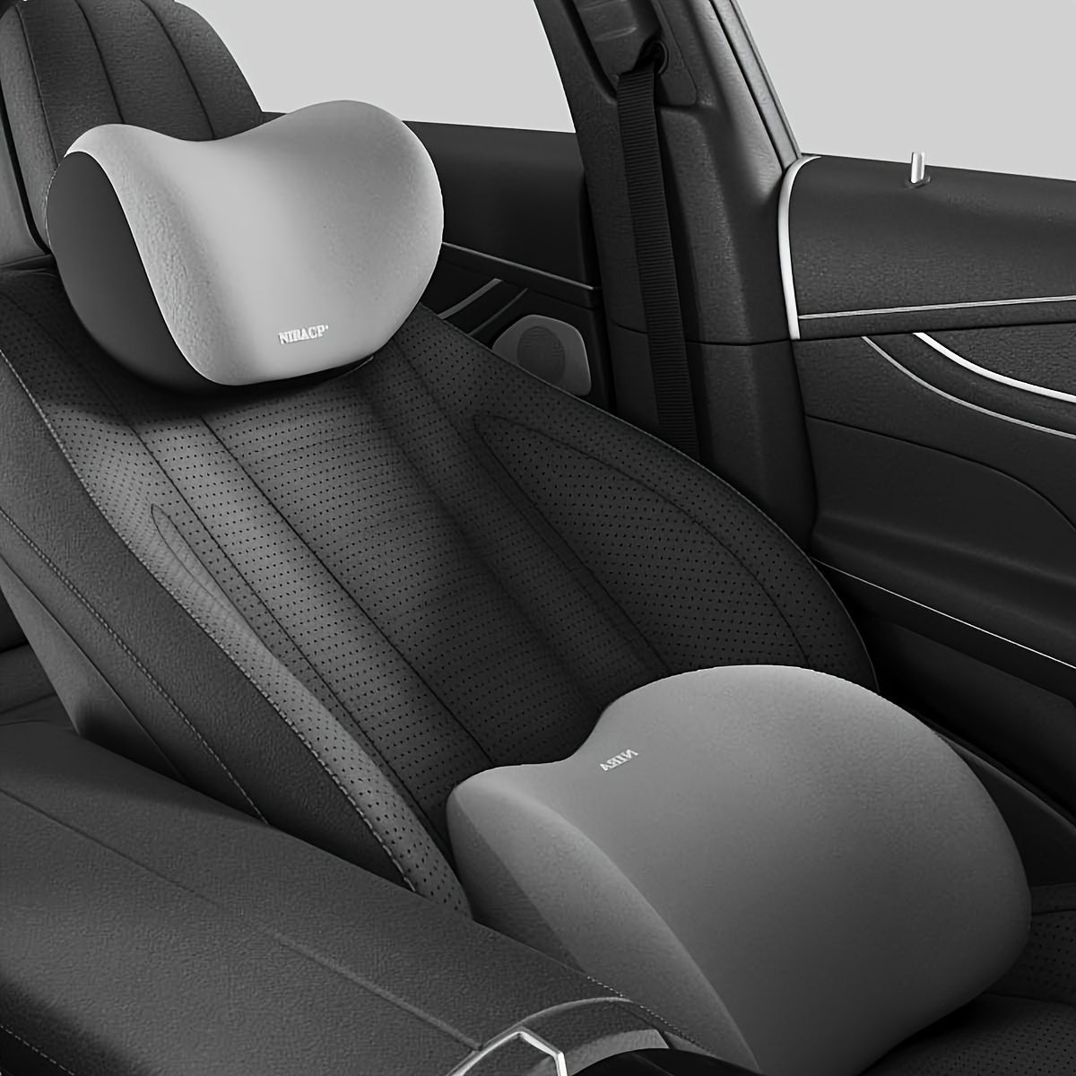 Memory foam car neck and lumbar pillow for comfortable support while driving. Ideal for both drivers and passengers.