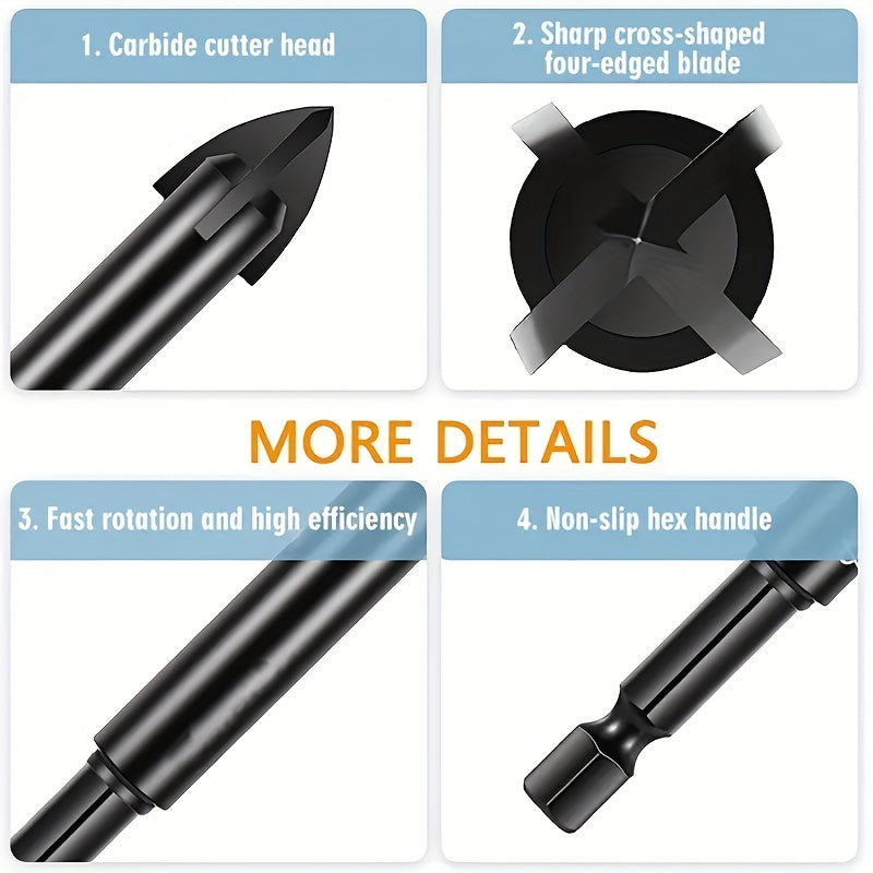 5pcs hexagonal shank cross reaming triangular drill bits for glass, ceramic, woodworking, and electric tools, with hard alloy accessory in 3/4/5/6/8mm sizes.