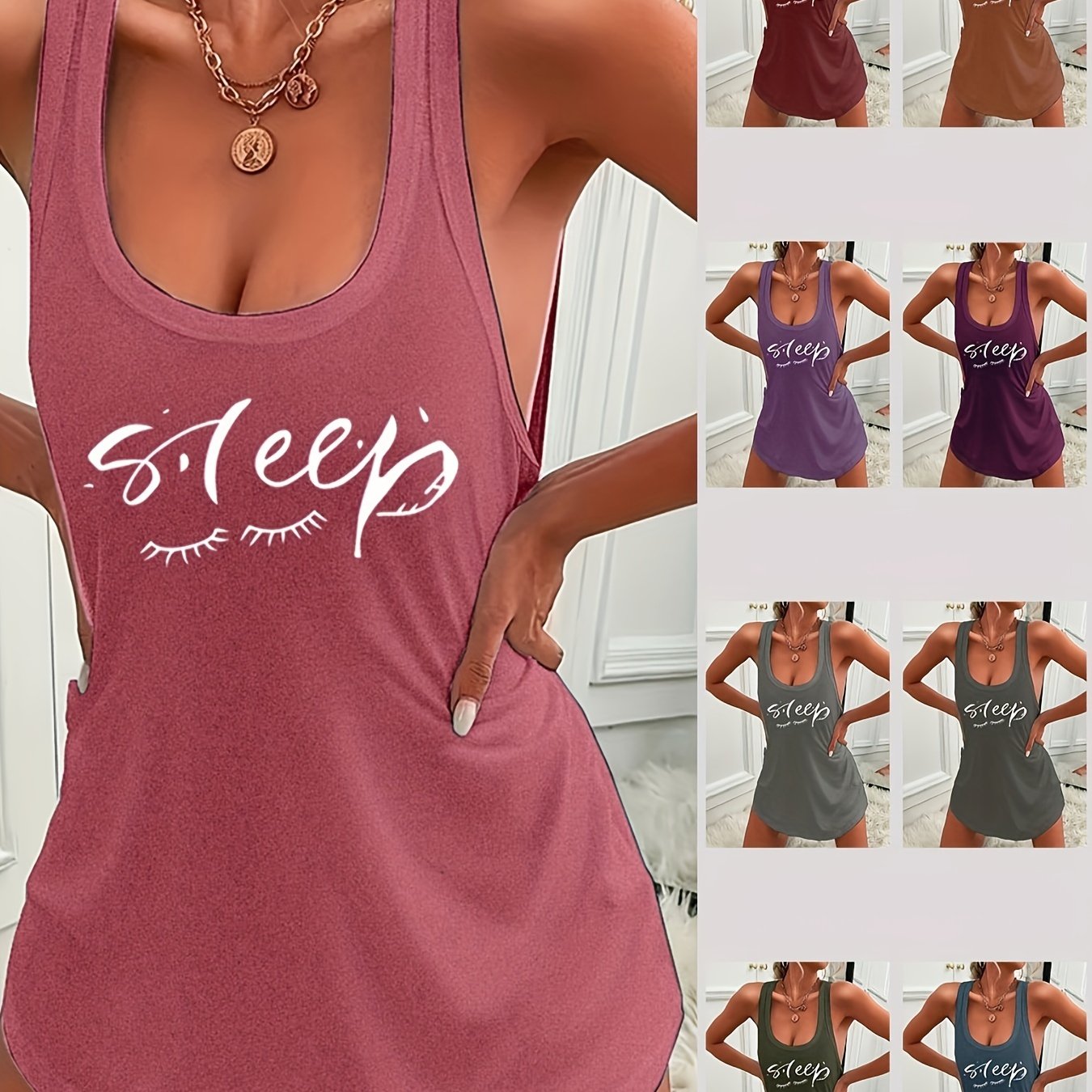 Women's casual sleep tank dress with "Sleep" print, made of lightweight polyester knit fabric for all-season comfort.