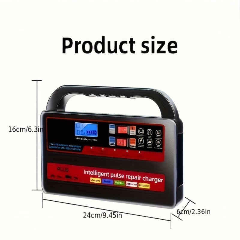 Kxiy 12V 24V car battery charger with digital display, automatic, high power, auto repair function, quick charge adapter, 220-240V AC power, EU plug.