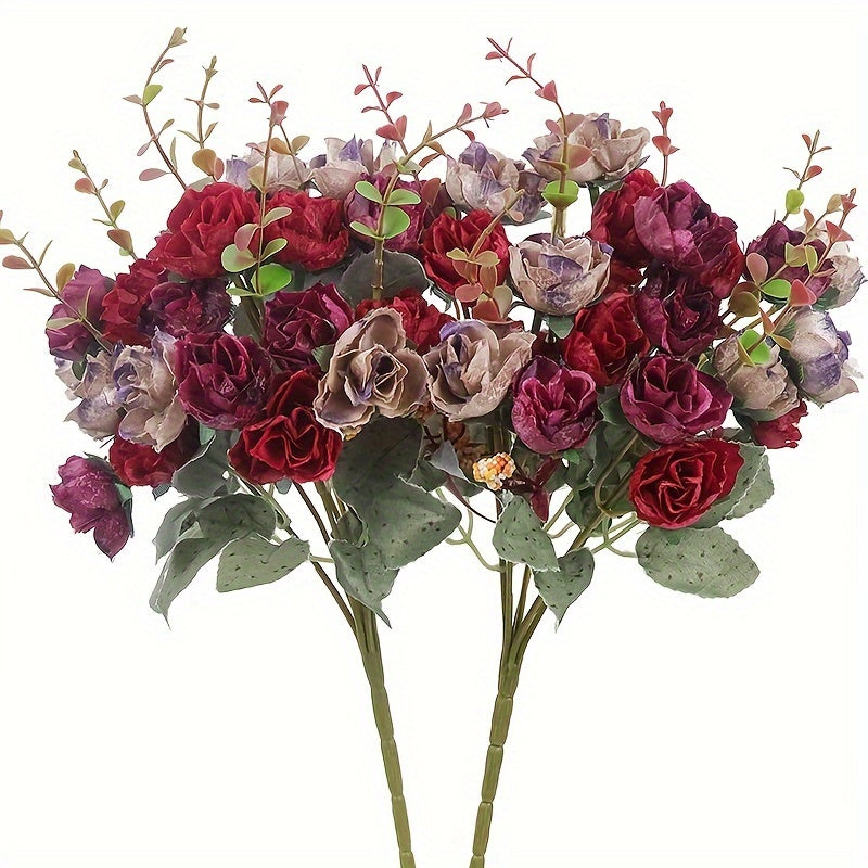 2 bundles of artificial rose flowers with 42 heads, suitable for cemetery decorations, home decor, or wedding bouquets. Perfect for adding a touch of summer faux flower decor.