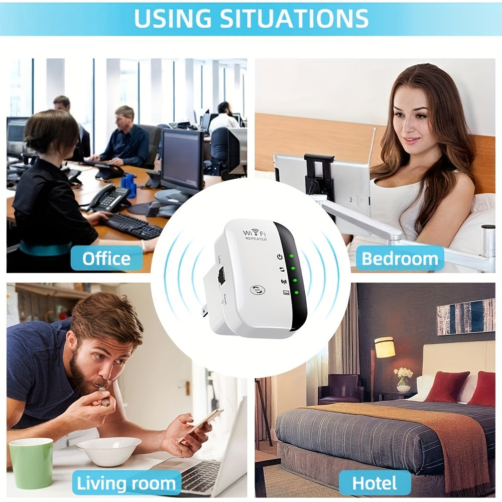 Momotor WiFi Extender boosts signal for home and office, easy setup with Ethernet port, ideal for coffee shops and more.