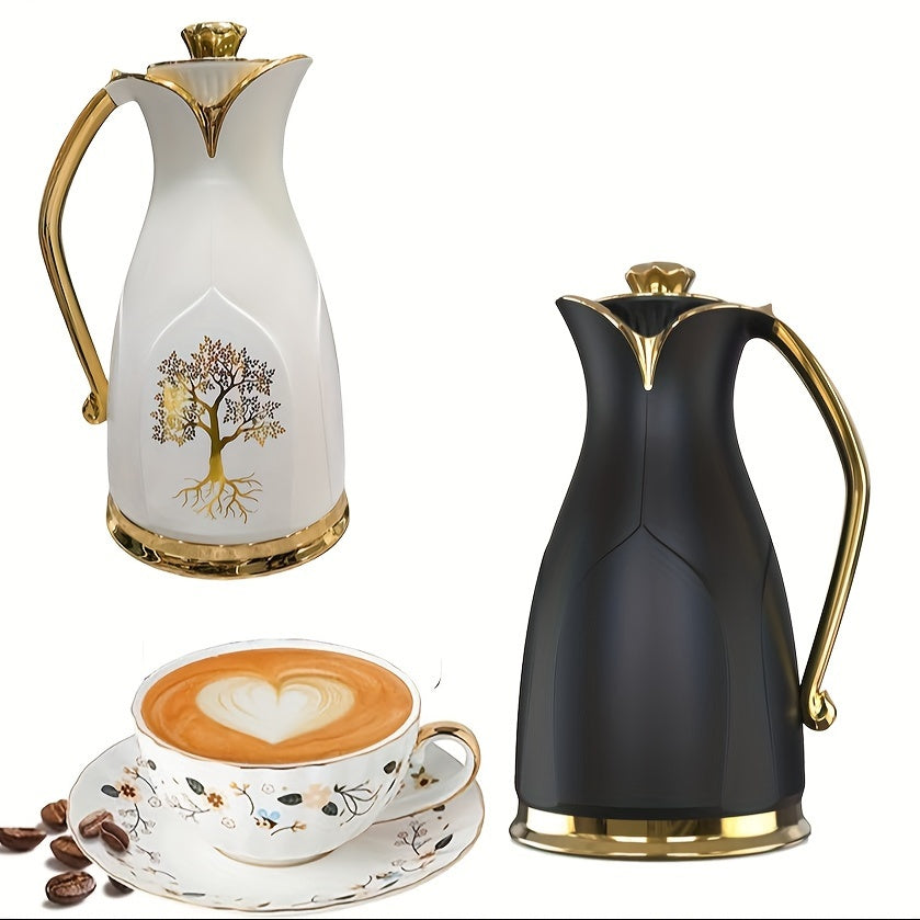 Two Vacuum Insulated Thermal Carafes for Coffee and Tea - Stainless Steel Double-Wall Flasks in 1L and 0.7L sizes, featuring an elegant Golden Tree Design. Keeps beverages hot without the need for electricity.