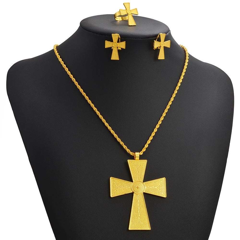 Elegant Punk Style Personality Female Gift Set featuring 1 Pair of Stud Earrings, 1 Necklace, and 1 Ring - crafted from Zinc Alloy and 18K Plated with a Cross Design.