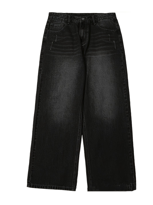 High-waisted wide leg jeans for women with a geometric pattern, raw wash, and loose fit. Made of 69% cotton, 15% polyester, 3% modal, and 13% rayon. All-season denim pants with 380g/m²