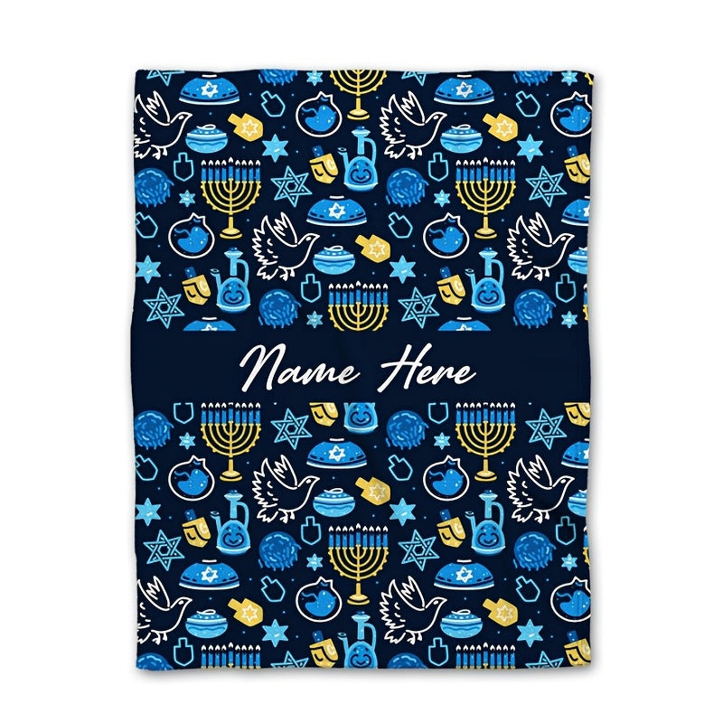 Get into the holiday spirit with our personalized Happy Hanukkah flannel throw blanket! This cozy and soft blanket is perfect for cuddling up on the couch, bed, or even taking with you on-the-go. The machine-washable design makes it easy to clean and