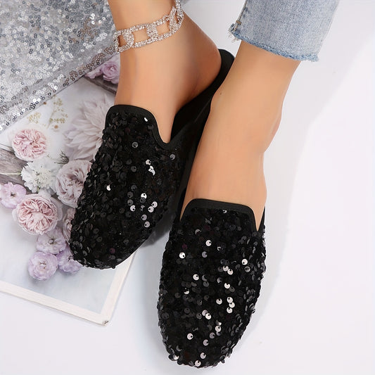 Sequined flat shoes for women with round toe, slip-on design, and lightweight comfort