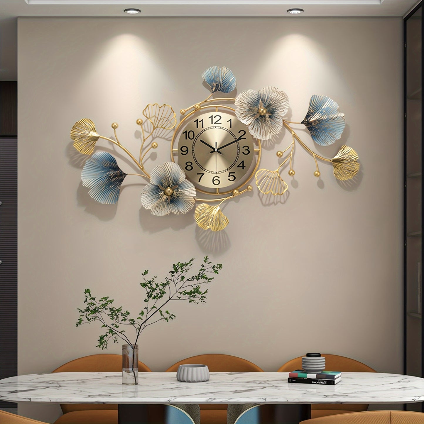 Stylish Ginkgo Leaf Metal Wall Clock - Quiet, Luxurious Floral Design for Various Spaces, Battery Operated (AA Not Included)