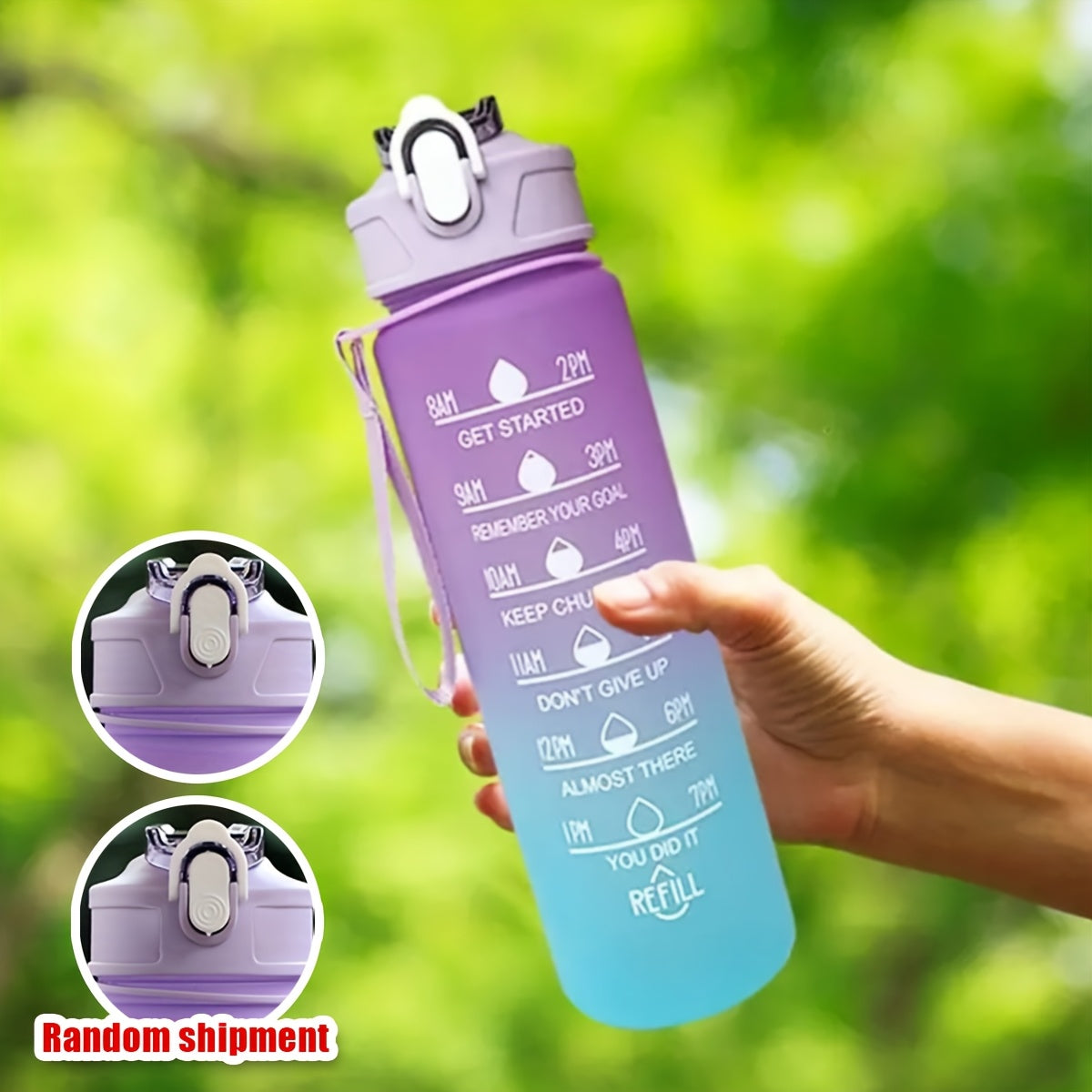 Motivational gradient water bottle with straw, time marker, and carrying strap - BPA-free, leakproof sports cup for fitness activities.