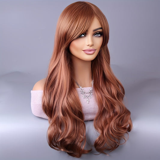 Reddish brown curly wig with bangs for women made from synthetic heat resistant fiber for daily use, parties, and cosplay.