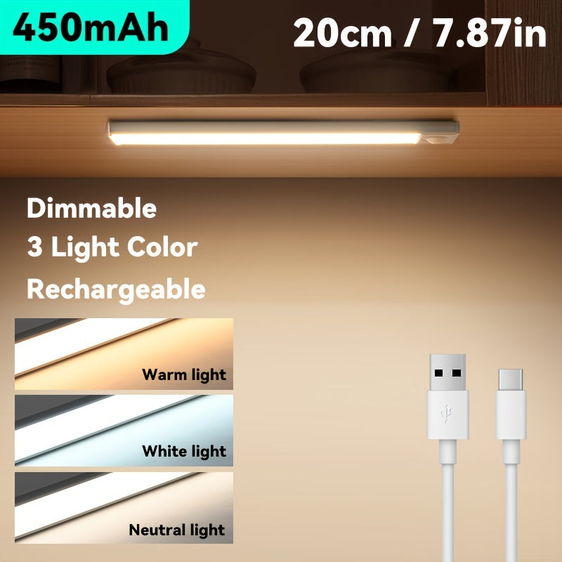 Adjustable brightness USB-rechargeable LED cabinet light with magnetic installation and built-in battery.