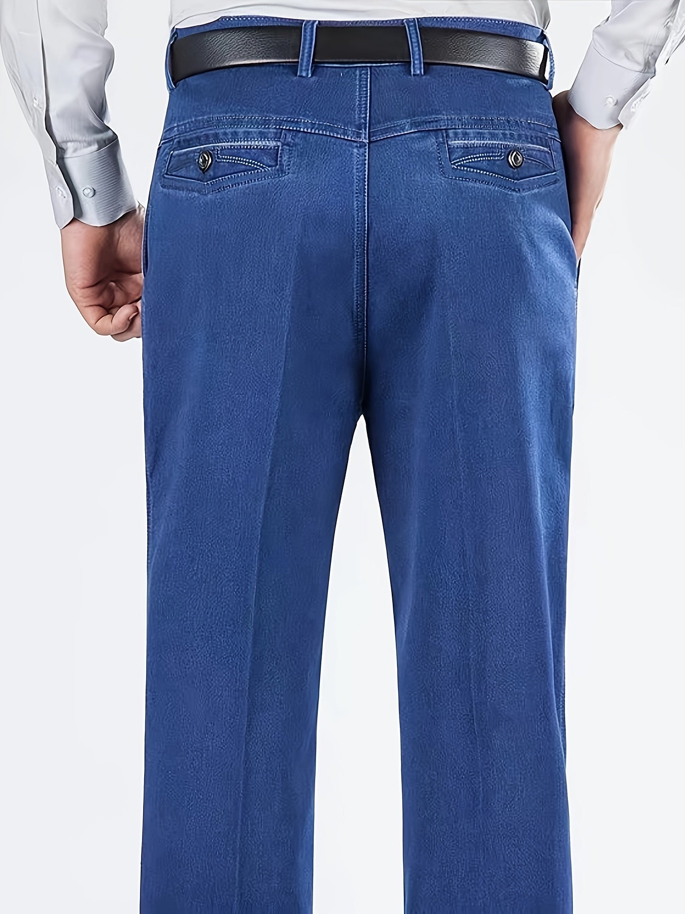 Men's high-waisted denim jeans with deep pockets, made of 85% cotton, 5% polyamide, and 10% other fibers. Features a solid color, regular fit straight leg, zipper fly closure, and washed