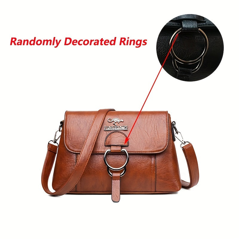 Chic retro synthetic leather women's crossbody bag with metal logo, multiple pockets, anti-theft zipper closure, and detachable strap. Ideal for work, travel, cycling, and shopping.