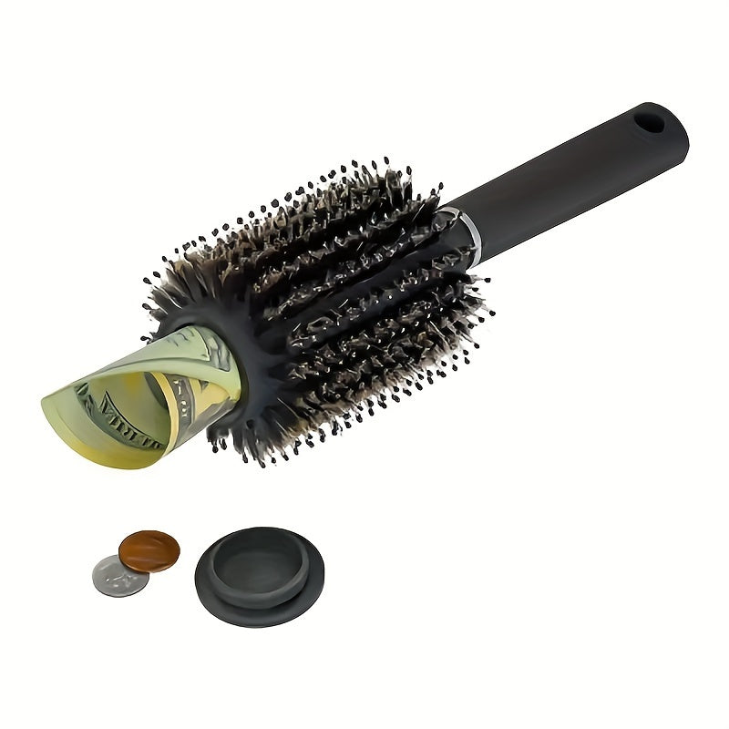 Hidden container with hair brush comb diversion stash serves as a safe compartment for home or travel use.