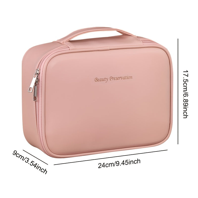 Spacious multi-layer PU cosmetic bag with brush holder, portable storage for beauty essentials, perfect gift for couples.