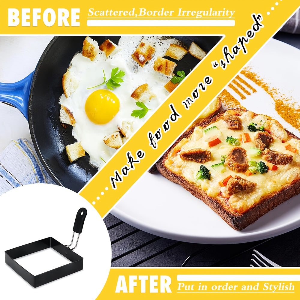 Two pieces of 10.16cm square egg and pancake rings made of non-stick stainless steel, ideal for cooking omelets, muffins, and breakfast sandwiches.