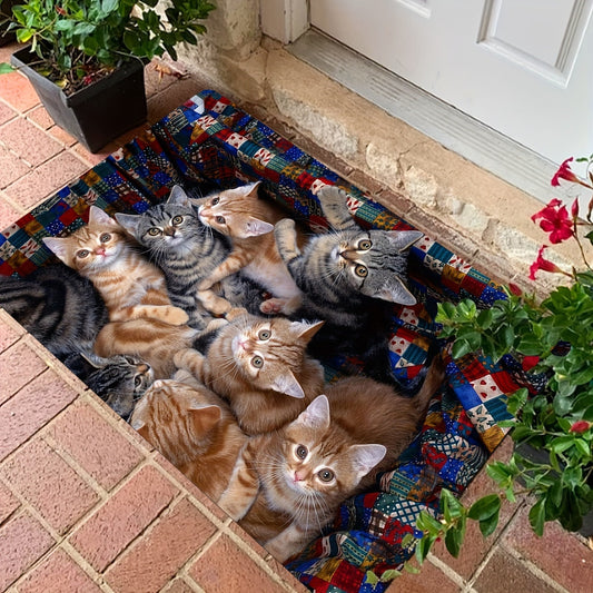 Whisker Wonders Kitten Print Door Mat - A cute and durable addition to your home decor! This polyester mat is non-slip, stain resistant, and quick dry, making it perfect for indoor or outdoor use. Ideal for the kitchen, laundry room, restroom, or any