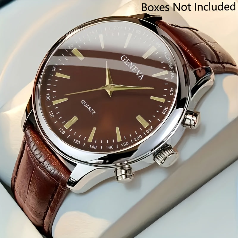 Men's quartz wrist watch with alloy case and faux leather strap. Features round dial, anti-seismic design, and button battery for fashionable business wear.