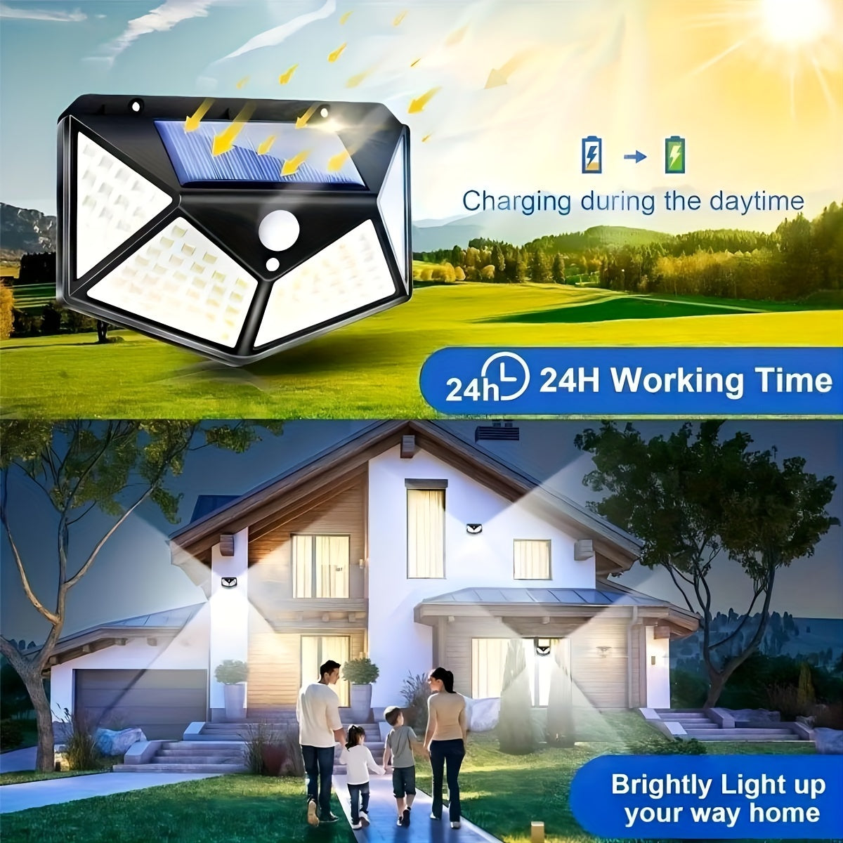 Staaricc 4-Pack Solar Motion Sensor LED Wall Lights with 100 LEDs, 270° angle, ABS material, semi-embedded installation, and solar-powered 800mAh lithium battery for outdoor lighting in