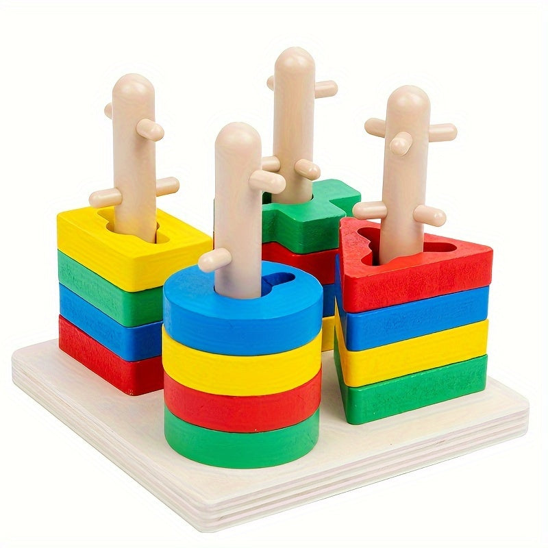 Educational wooden geometric shape sorter puzzle with stacking rings and blocks for cognitive development.