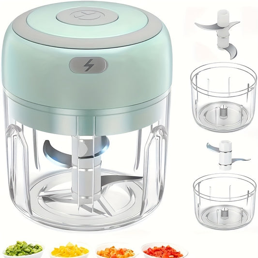 This electric mini garlic chopper is a sturdy kitchen tool with a 100/250ml capacity, USB meat grinder, and garlic crusher. It is designed for crushing ginger and vegetables, with a safety