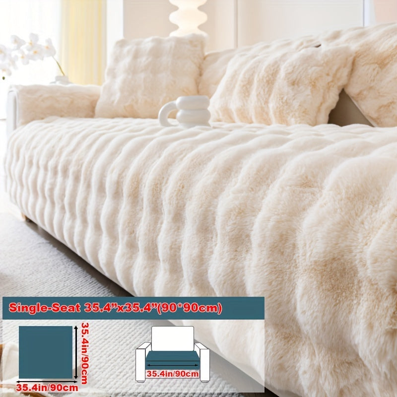 Imitation rabbit plush sofa cover for winter warmth, non-slip protection for furniture in home or office.