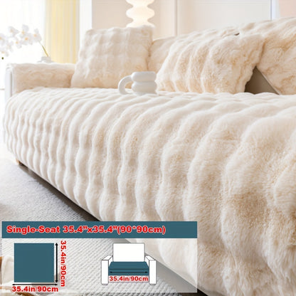 Imitation rabbit plush sofa cover for winter warmth, non-slip protection for furniture in home or office.