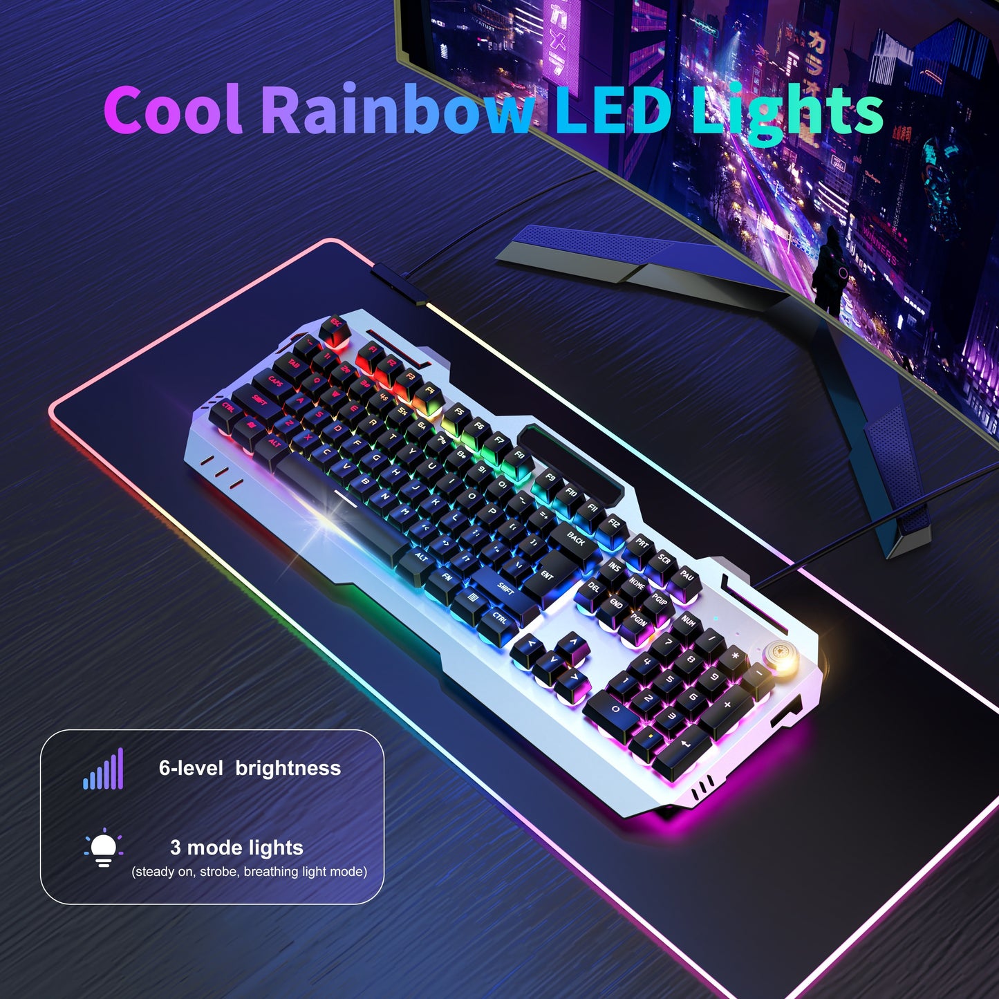 EWEADN Wired Gaming Keyboard with LED Backlit, Silent Design, and Volume Knob, suitable for Desktop & Notebook Computers.