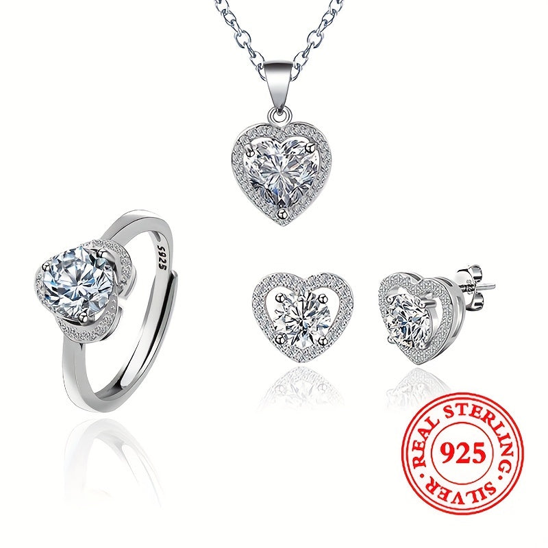 Luxurious 925 Sterling Silver Heart-Shaped Jewelry Set with Synthetic Zirconia Encrusted, Timeless Design, Perfect for March Birthstone, Ideal for Wedding or Valentine's Day Gift. Includes Necklace, Earrings, and Ring.