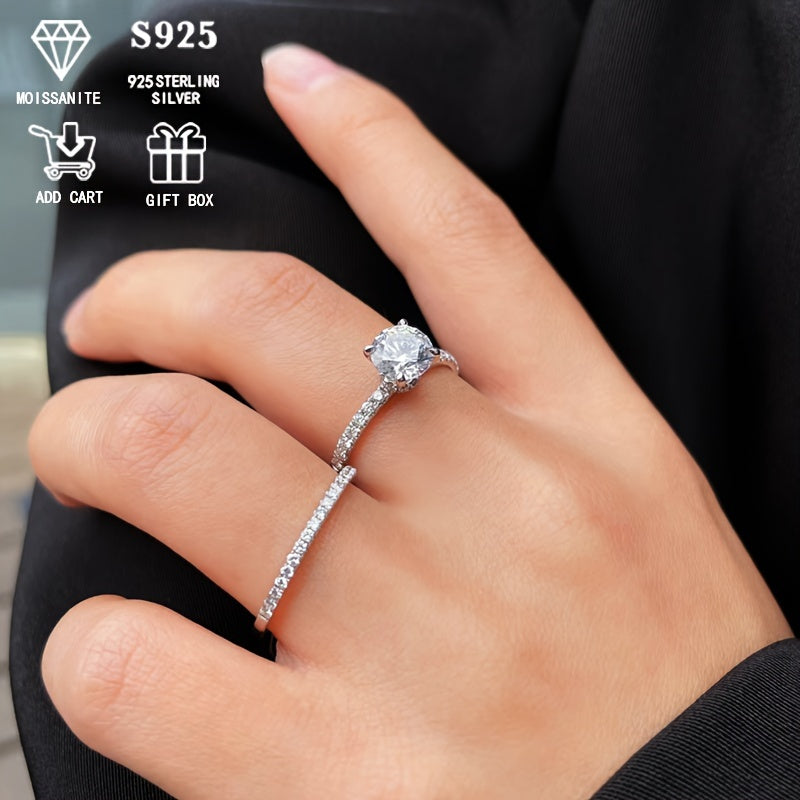 Stunning 2ct S925 Sterling Silver Moissanite Two-Piece Ring Set, Hypoallergenic Faux Diamond Stacking Engagement and Wedding Rings for Women, Perfect for Bohemian Vacation Style. Ideal Gifts for Her.