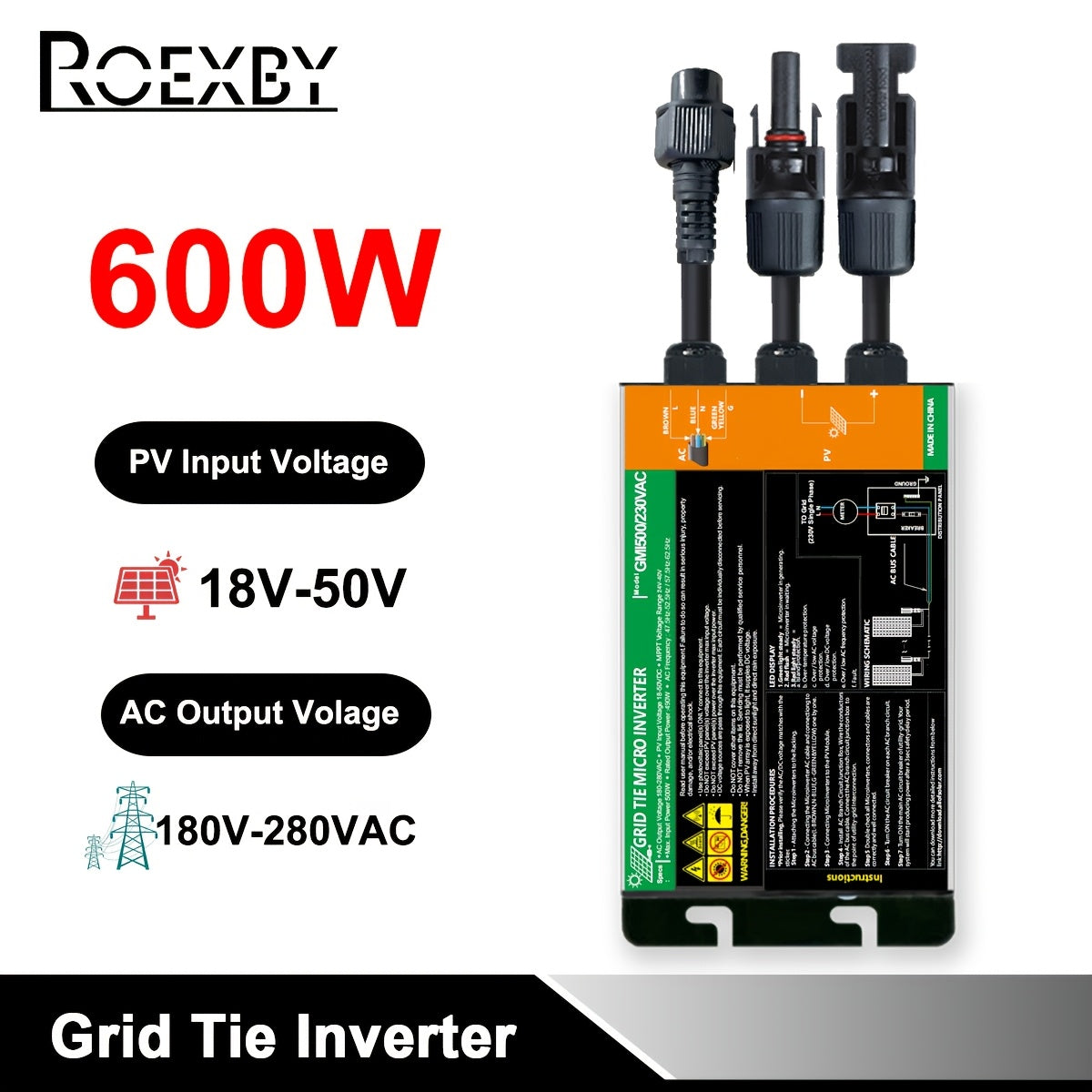 ROEXBY Solar PV Grid Tie Micro Inverter, 300W-700W, DC18V-50V to AC110V-280V, High-Efficiency Power Conversion for Home & Office, Micro Grid Inverter, 350W-600W, Solar Input, AC80V-220V