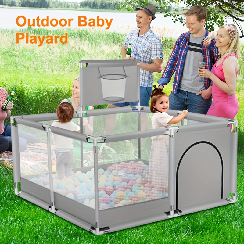 Baby playpen with a basketball hoop, guardrail, and square shape, designed for children to play and learn indoors. Includes a climbing mat for added fun and safety.