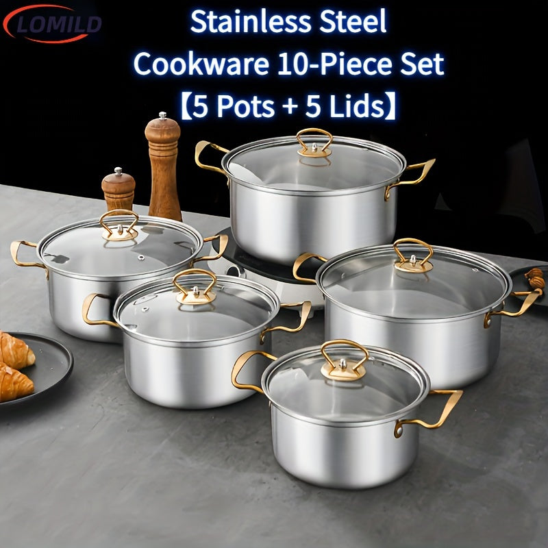 10-piece LOMILD Multi-functional Stainless Steel Cookware Set, including Soup Pot, Cooking Utensils, and Kitchen Tools - the Perfect Household Kitchen Utensils Gift Box.