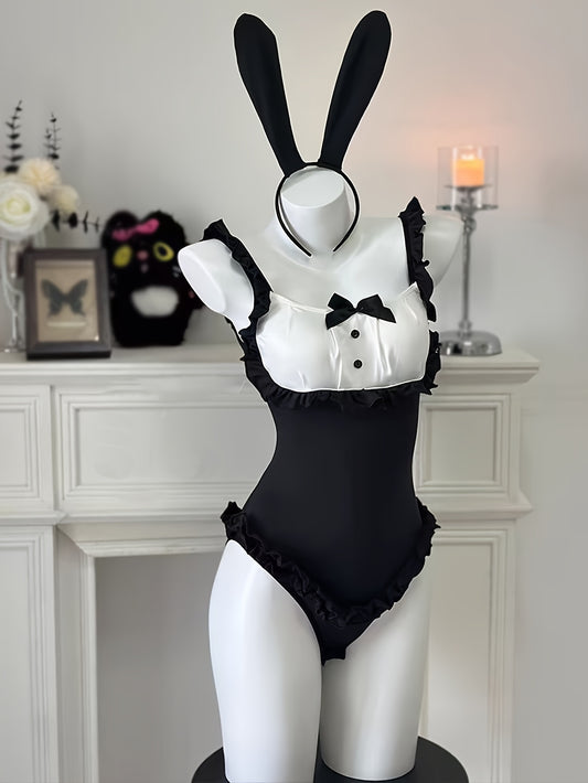 Sensual Bunny Girl Outfit, Easy Access Onesie with Open Design and Tail