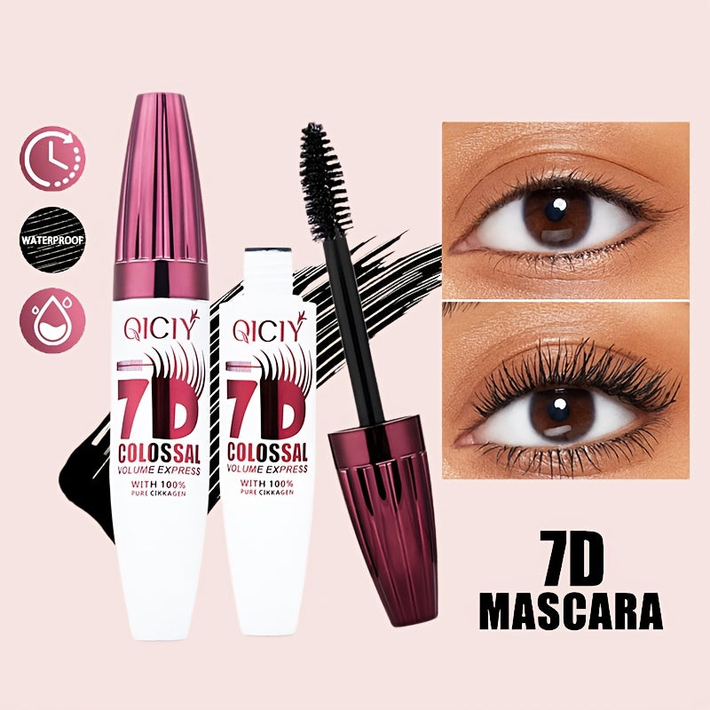 QIcy 7D Colossal Volume Waterproof Mascara - Natural, Smudge-Proof, Long-Lasting Curl & Thick Black Lash Extension Primer with Fine Orchid Extract for All Skin Types, All-Day Eyelash