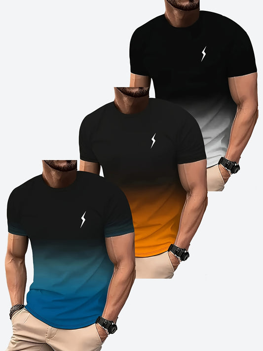 Men's 3-pack of gradient 3D printed t-shirts with quick-dry polyester fabric, crew neck, and short sleeves. Ideal for sports and fitness in spring, summer, and fall.