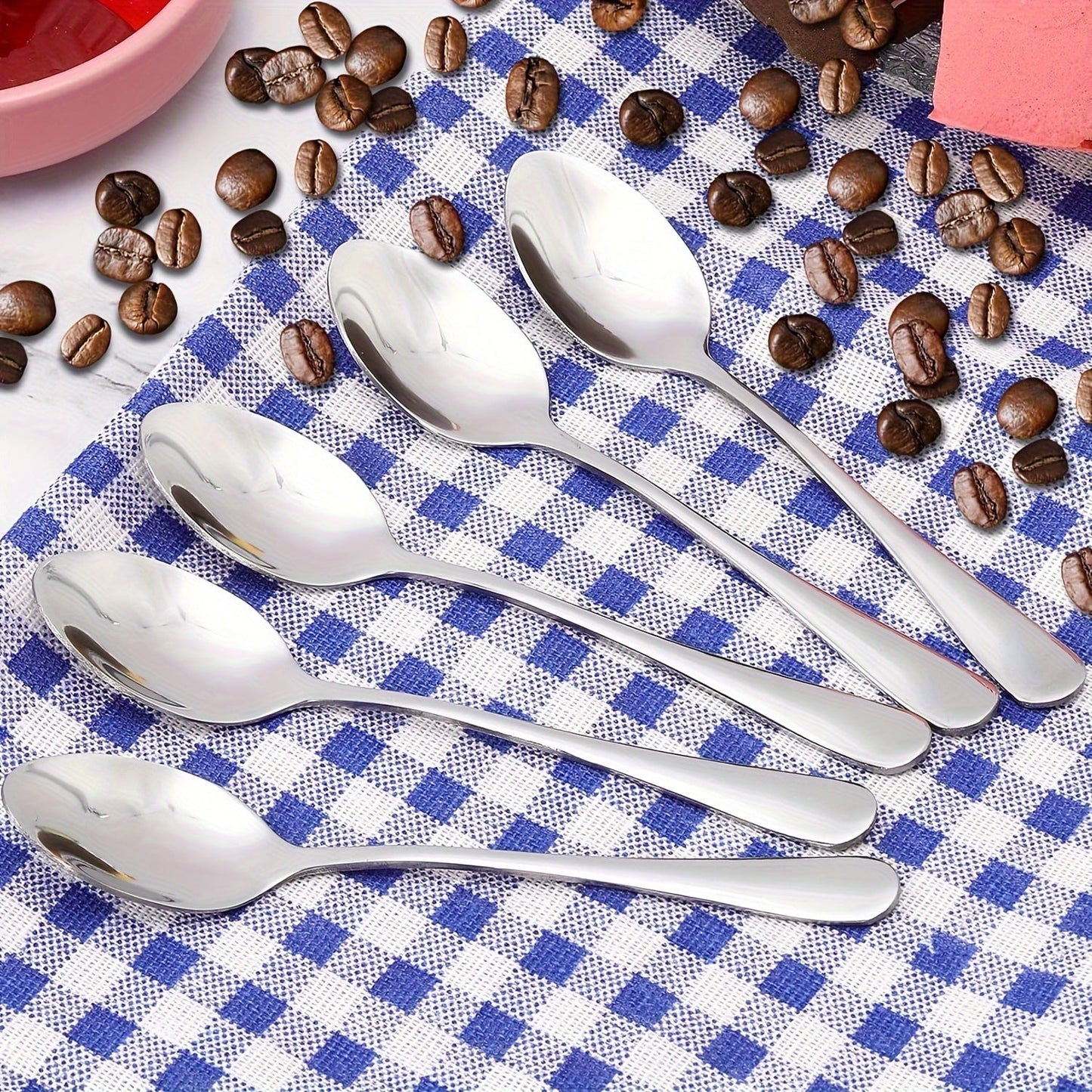 A set of 4/12 stainless steel mini coffee spoons measuring 4.8 inches in length. This set also includes 12cm espresso spoons, tea spoons, and dessert spoons, perfect for use in restaurants, hotels, cafes, and households. These spoons are dishwasher safe