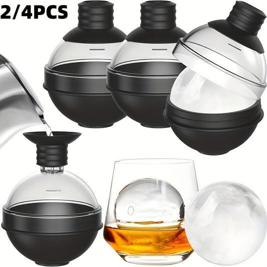 Large ice sphere molds made from silicone and polycarbonate with dual-function funnel lid for slow-melting ice balls. Perfect for bourbon and beverages at the bar.