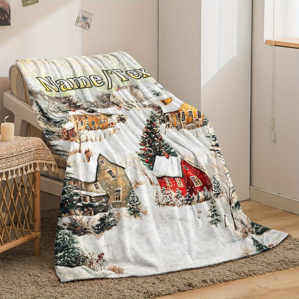 Stay warm and cozy with our customizable winter scene fleece blanket! Made from soft and warm polyester fabric, this blanket is perfect for snuggling up on the sofa, bed, or even bringing along on your travels. It is great for any room in your home or