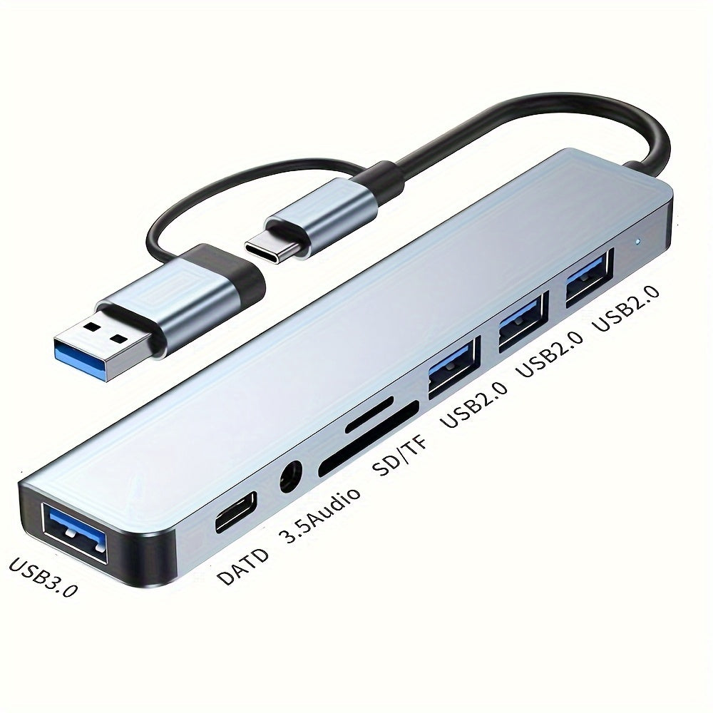 USB hub with audio jack, 8 ports, tablet-compatible, USB-powered, 5V operating voltage.