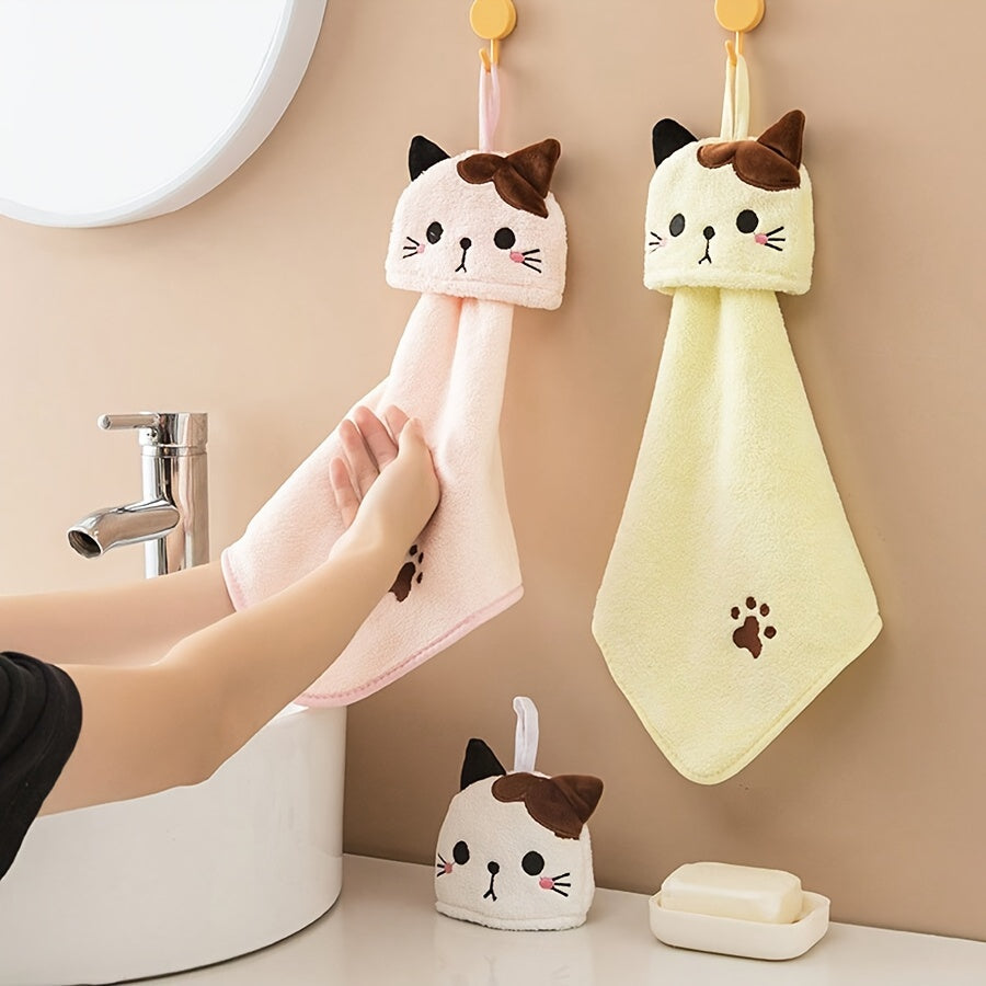 Soft coral fleece cat hand towel, ideal for bathroom or kitchen use, hand wash only, 44cm x 20cm dimensions.