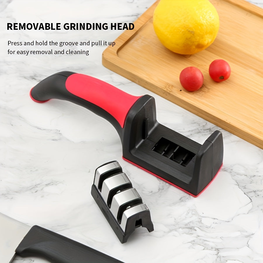 One piece 3-in-1 portable knife sharpener for manual, medium grit metal sharpening. This non-electric professional chef knife honing system is perfect for kitchen cookware accessories.