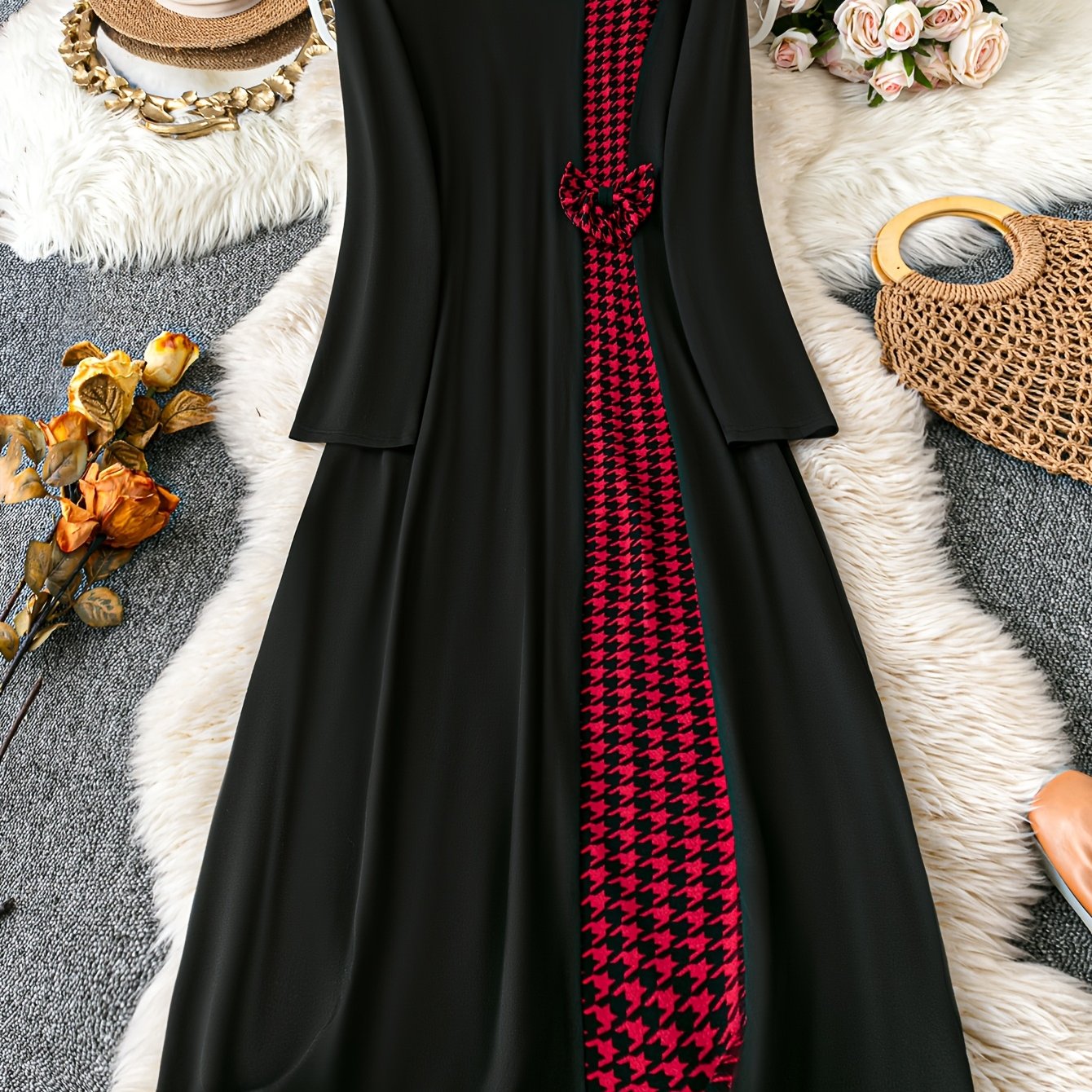 Women's Elegant Houndstooth Long Dress in Black & Red, Asymmetrical Hem, Round Neck, Machine Washable, Spring/Summer Polyester Blend