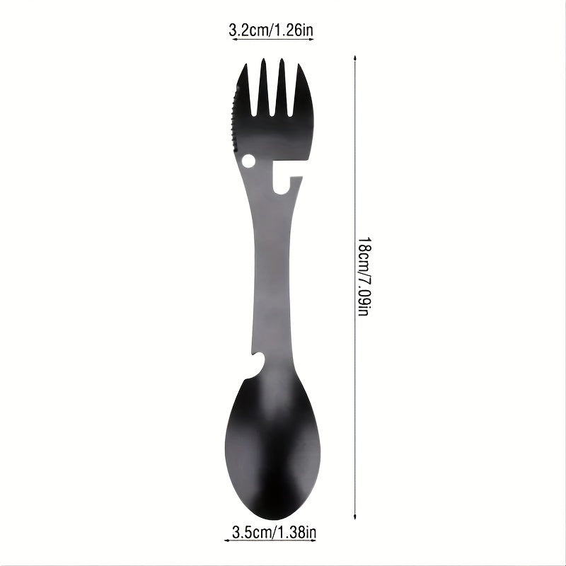 Portable stainless steel utensil with 10 functions for outdoor activities.