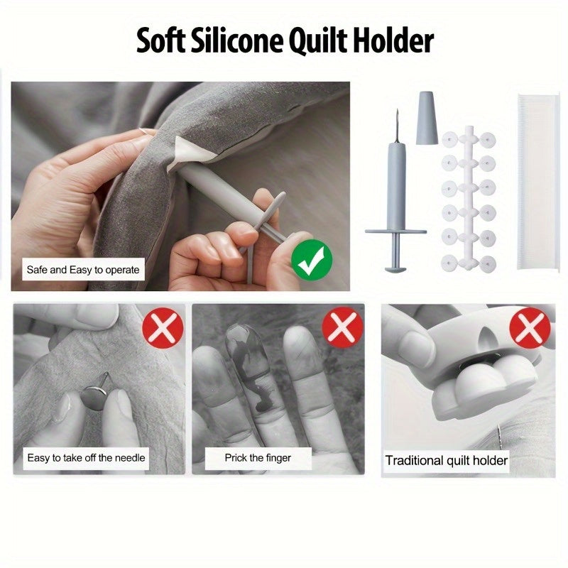 Soft Silicone Quilt Clip Set - Includes 1 Glue Pusher, 24 Soft Covers, and 200 Glue Needles - Invisible Bed Product Holder for Household - Easy to Use Needle-Free Quilt Angle Holder - Total of 225 Pieces