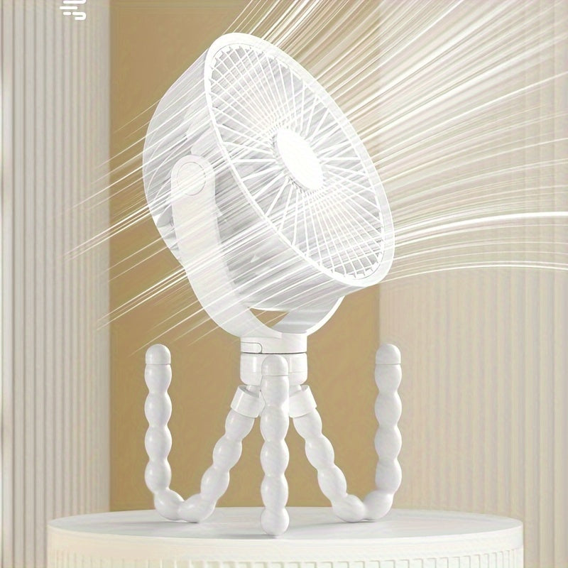 Versatile portable USB rechargeable fan features a tripod stand, high-velocity octopus gripping base, button control, indoor & outdoor air circulation, plastic painted finish, and integrated lithium battery. Perfect for desk or travel use, this exhaust