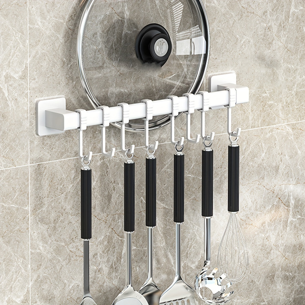 Contemporary Wall-Mounted Kitchen Utensil Holder- Easy to Install Hanging Storage Rack with Movable Hooks for Cooking Tools and Towels, Unfinished Plastic Organizer Shelf