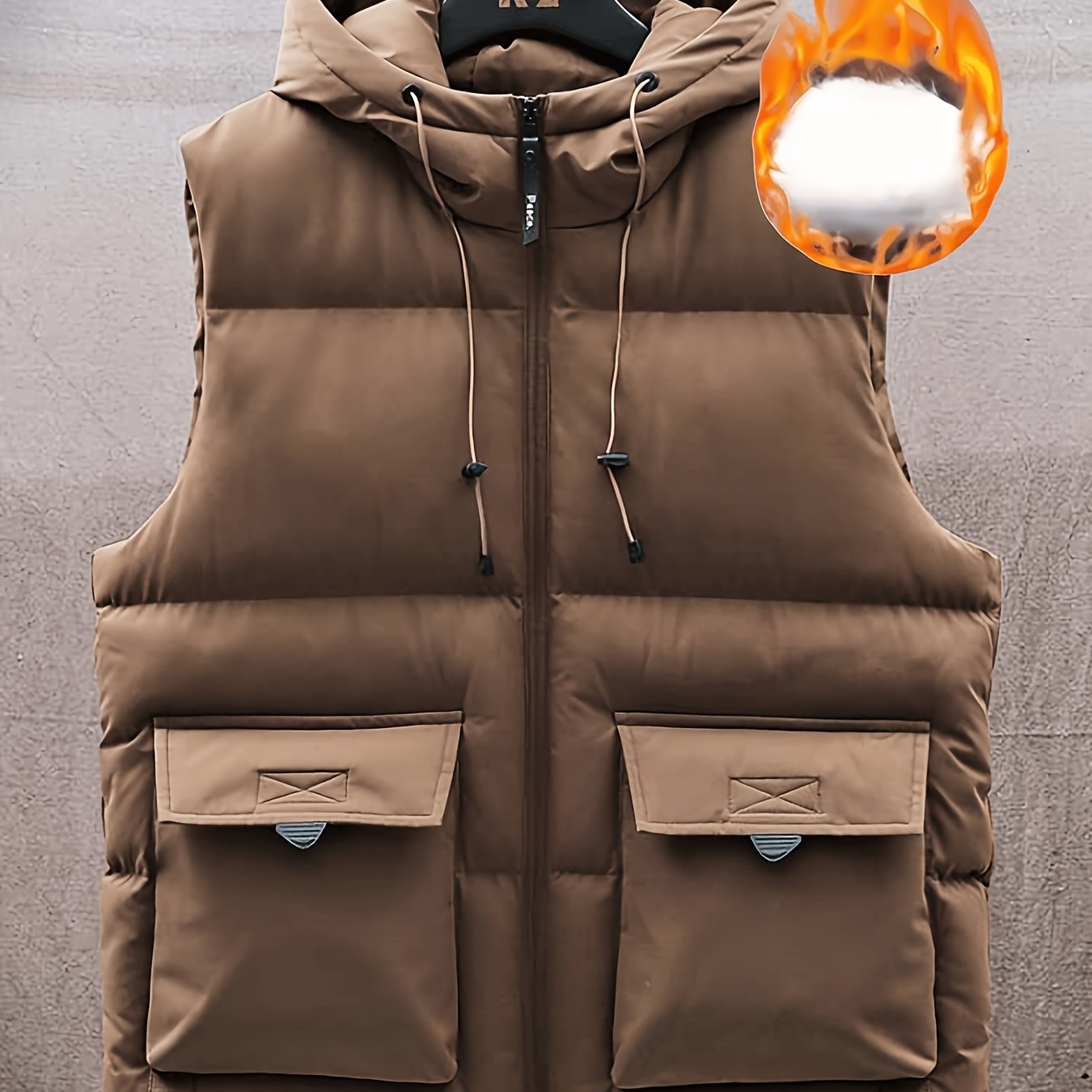 Men's Winter Hooded Vest with Thick Fleece-Lining, Multiple Pockets, Stand Collar, and Zipper Closure for Outdoor Wear.