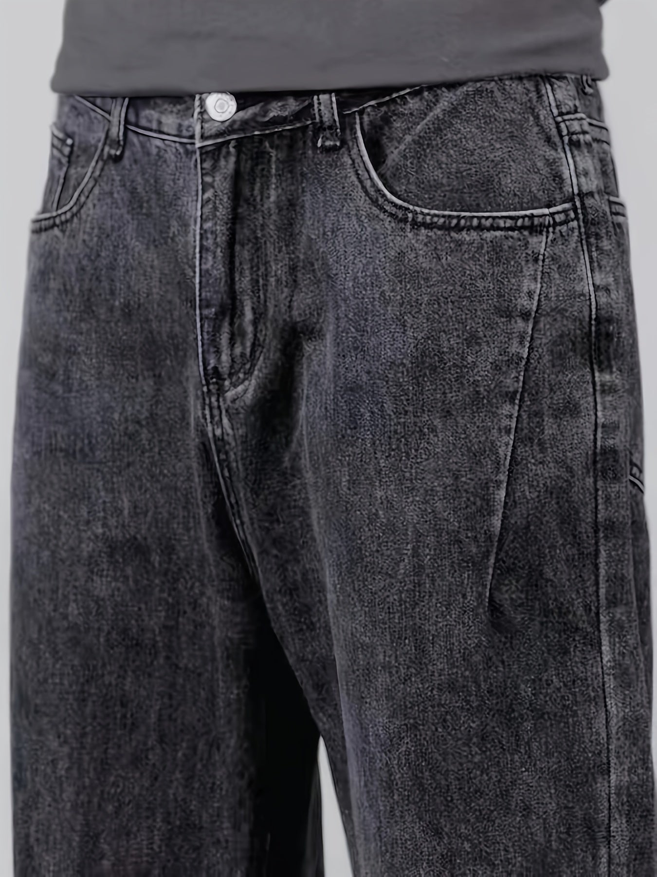 New men's denim long pants suitable for all seasons, featuring a black non-stretch regular loose fit with fold design on both sides of the front, crafted with washed denim for a stylish and